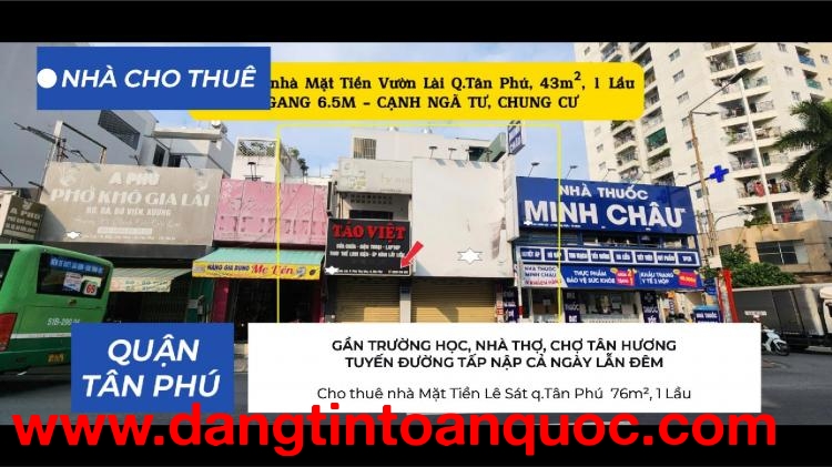 Cho thuê nhà Mặt Tiền Vườn Lài q.Tân Phú 43m² - CẠNH NGÃ TƯ, CHUNG CƯ- 18Triệu