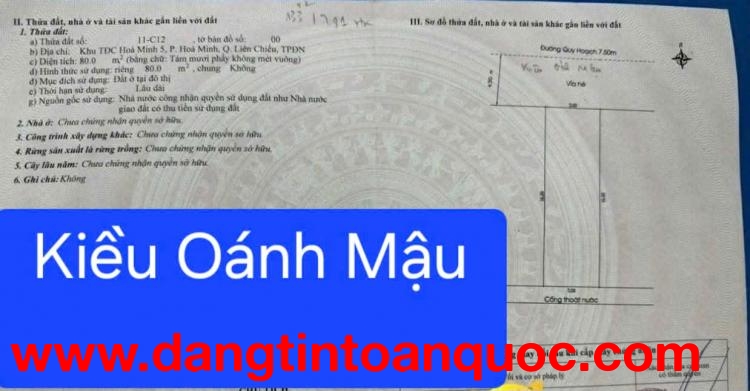 Bán đất đường KIỀU OÁNH MẬU - Đường 7,5m thông thoáng