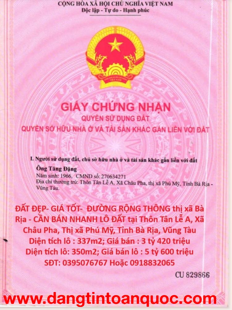 ĐẤT ĐẸP- GIÁ TỐT-  ĐƯỜNG RỘNG THÔNG thị xã Bà Rịa - CẦN BÁN NHANH LÔ ĐẤT tại Xã Châu Pha, Phú Mỹ.