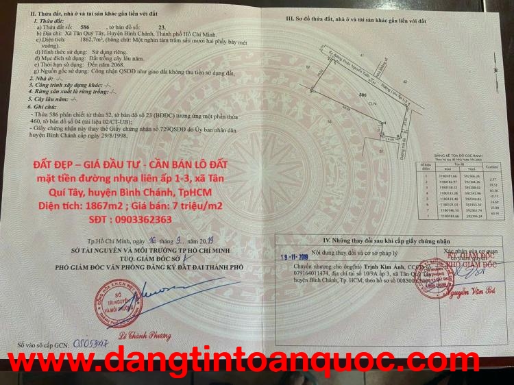 ĐẤT ĐẸP – GIÁ ĐẦU TƯ - CẦN BÁN LÔ ĐẤT  mặt tiền đường nhựa liên ấp 1-3, xã Tân Quí Tây, huyện Bình C