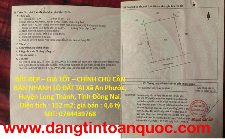 ĐẤT ĐẸP – GIÁ TỐT – CHÍNH CHỦ CẦN BÁN NHANH LÔ ĐẤT TẠI Xã An Phước, Huyện Long Thành, Tỉnh Đồng Nai.