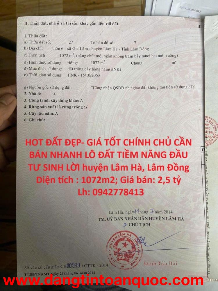 HOT ĐẤT ĐẸP- GIÁ TỐT CHÍNH CHỦ CẦN BÁN NHANH LÔ ĐẤT TIỀM NĂNG ĐẦU TƯ SINH LỜI huyện Lâm Hà, Lâm Đồng