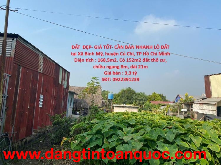 ĐẤT  ĐẸP- GIÁ TỐT- CẦN BÁN NHANH LÔ ĐẤT tại Xã Bình Mỹ, huyện Củ Chi