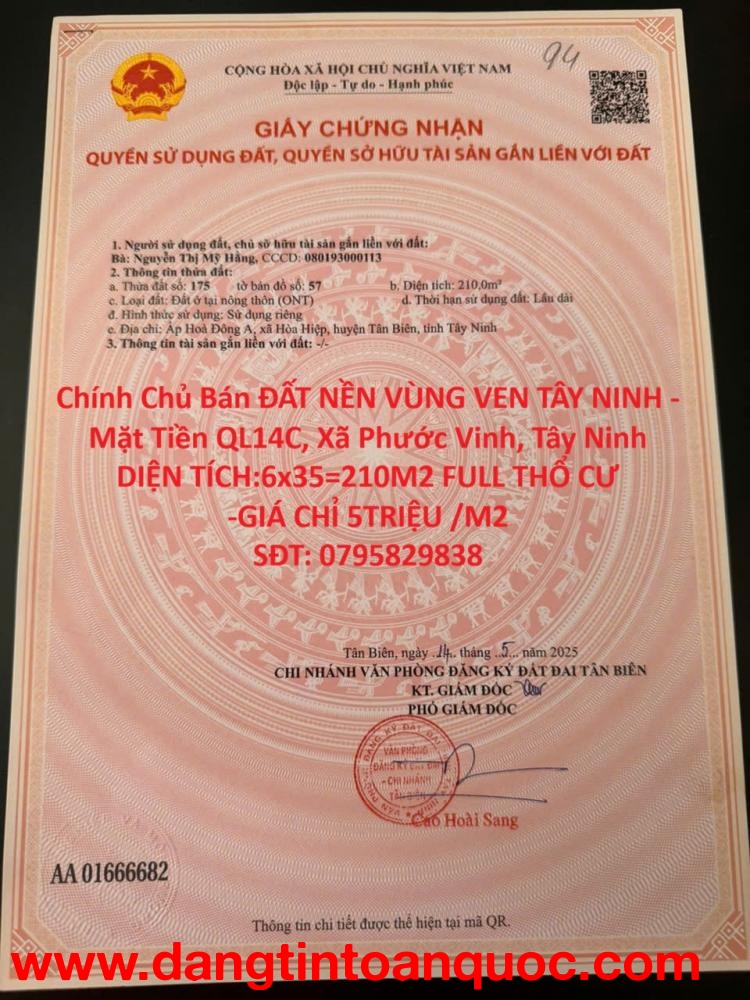 Chính Chủ Bán ĐẤT NỀN VÙNG VEN TÂY NINH - Mặt Tiền QL14C, Xã Phước Vinh, Tây Ninh