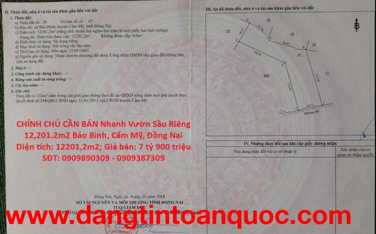 CHÍNH CHỦ CẦN BÁN Nhanh Vườn Sầu Riêng 12,201.2m2 Bảo Bình, Cẩm Mỹ, Đồng Nai