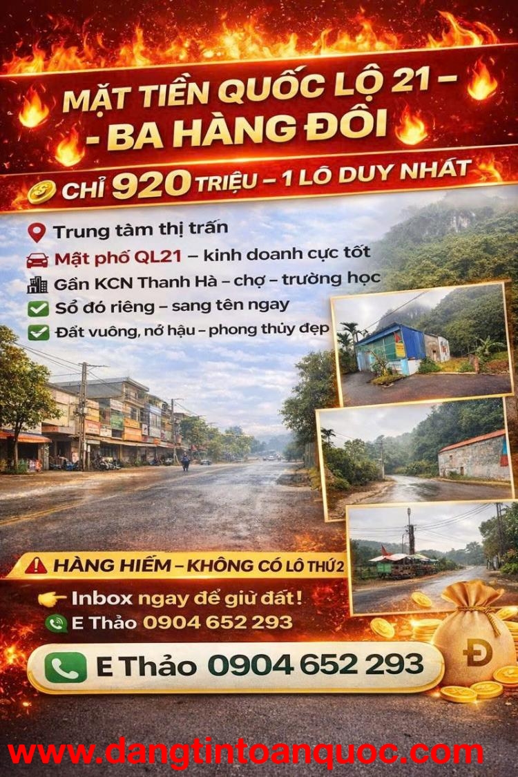 9xx triệu sẵn sổ tại mặt đường QL21, TT Ba Hàng Đồi, Hòa Bình
