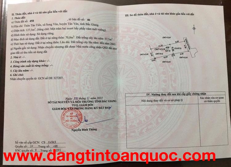 Bán Lô Đất 127,5m2 ( thổ cư 70m) Tại Tân Tiến - Song Vân - Tân Yên Bắc Giang( cũ)