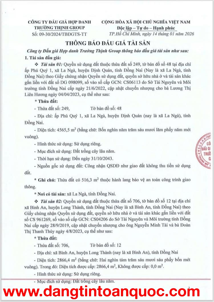Ngân Hàng BIDV Bán đấu Giá Công Khai Lô Đất Tại Xã Bình An, Long Thành, Đồng Nai
