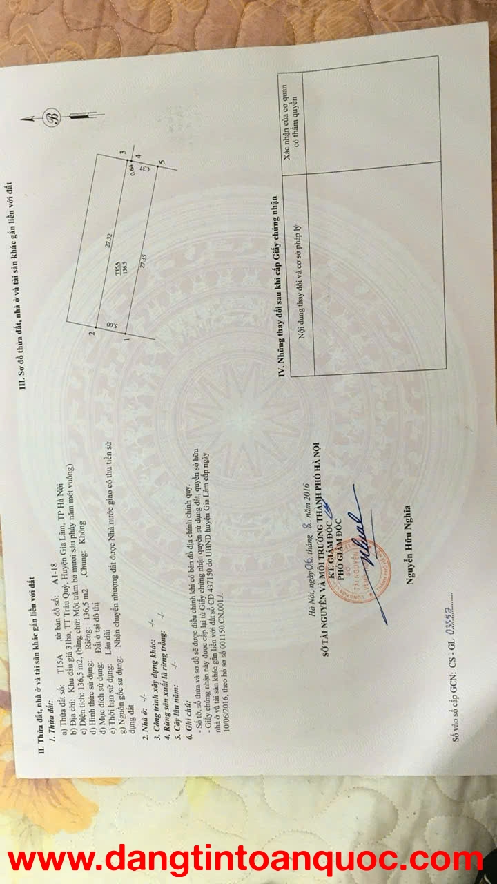 BÁN ĐẤT KHU ĐÔ THỊ 31HA – TRÂU QUỲ - GIA LÂM, 136 m2 GIÁ CHỈ 18 TỶ, LH 0985865658