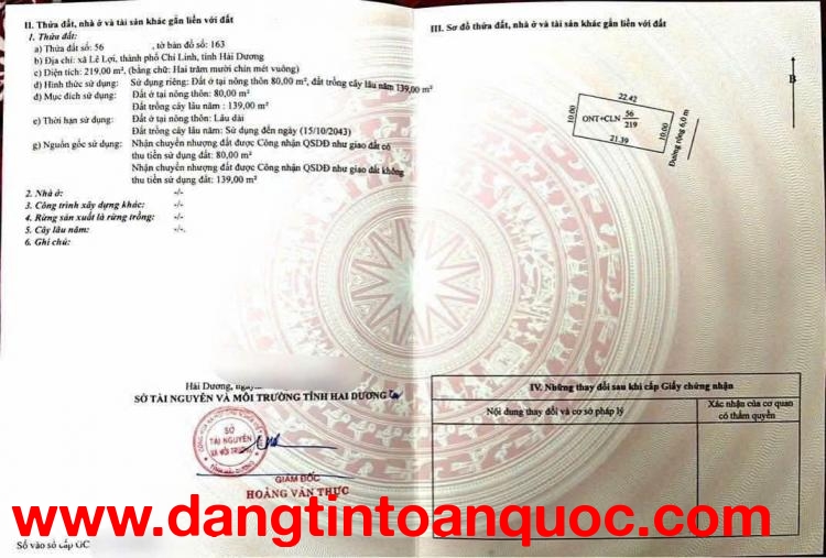 BÁN ĐẤT LÊ LỢI PHƯỜNG TRẦN HƯNG ĐẠO - CHÍ LINH - TP HẢI PHÒNG