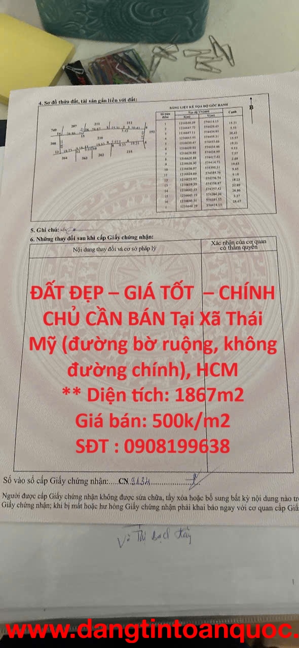 ĐẤT ĐẸP – GIÁ TỐT  – CHÍNH CHỦ CẦN BÁN Tại Xã Thái Mỹ (đường bờ ruộng, không đường chính), HCM
