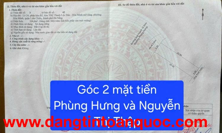 HÀNG HIẾM - Bán đất lô góc 2 MT đường Phùng Hưng và Nguyễn Thị Thập