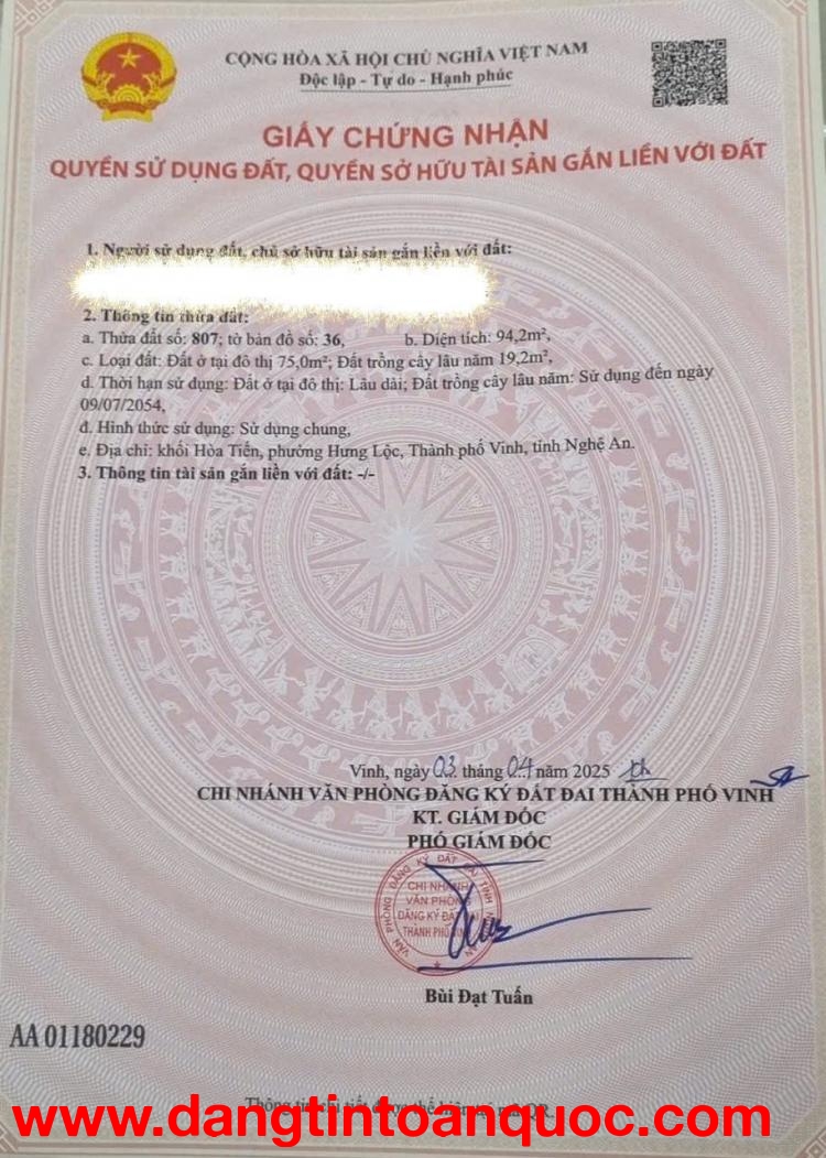 ĐẤT CHÍNH CHỦ - GIÁ TỐT  - CẦN BÁN LÔ ĐẤT  TẠI Khối Hoà Tiến, phường Hưng Lộc, TP. Vinh, nghệ An