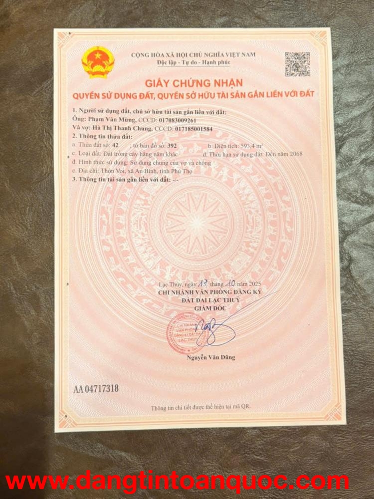 ???? BÁN ĐẤT CHÍNH CHỦ – CÓ SỔ ĐỎ TẠI LẠC THỦY, PHÚ THỌ