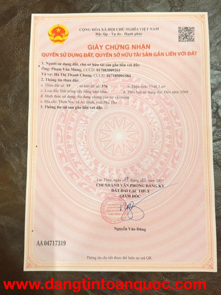 %BÁN ĐẤT CHÍNH CHỦ – CÓ SỔ ĐỎ RIÊNG TẠI LẠC THỦY, PHÚ THỌ