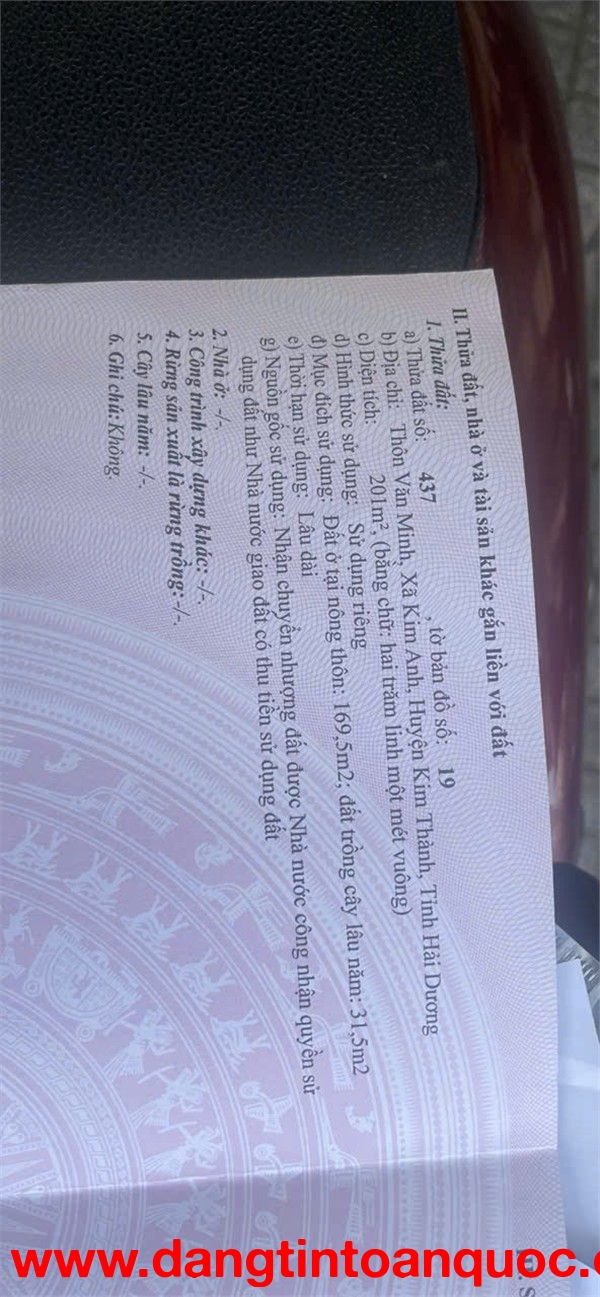 CHÍNH CHỦ Cần Bán Gấp 201m2 Đất Thôn Văn Minh, Xã Kim Anh, Huyện Kim Thành - Hải Dương