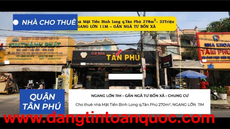 Cho thuê nhà Mặt Tiền Bình Long q.Tân Phú 270m²,NGANG 11M- 32Triệu