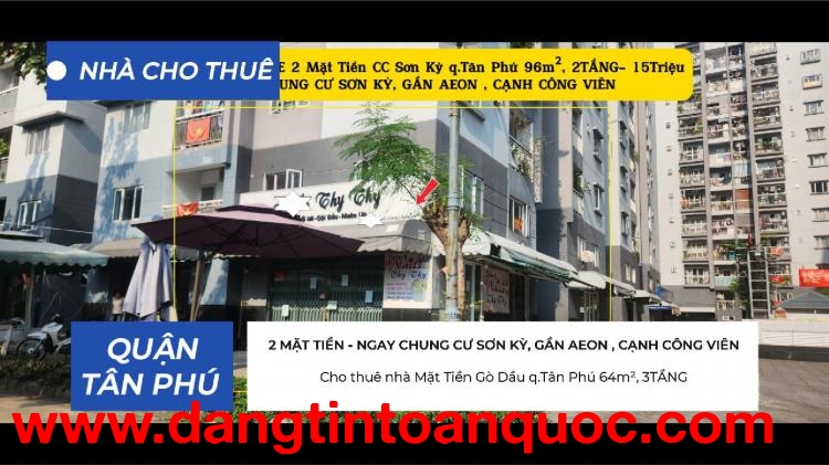 Cho thuê SHOHOUSE 2 Mặt Tiền CC Sơn Kỳ q.Tân Phú 96m², 2TẦNG- 15Triệu
