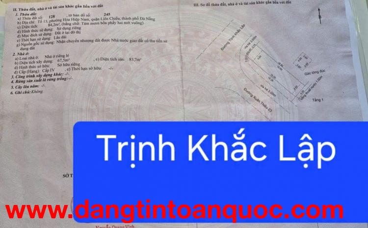 Bán đất 2 mặt tiền đường 7,5m TRỊNH KHẮC LẬP & XUÂN THIỀU 23