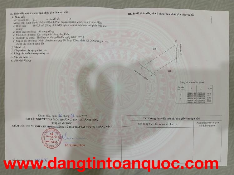 BÁN ĐẤT GẦN NGÃ 3 NƯỚC NHĨ – KHÁNH PHÚ, KHÁNH VĨNH, KHÁNH HÒA – Giá Tốt