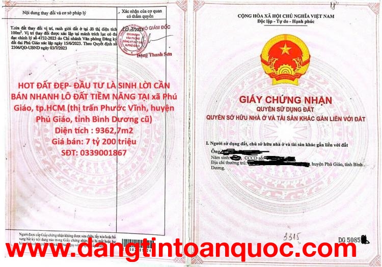 HOT ĐẤT ĐẸP- ĐẦU TƯ LÀ SINH LỜI CẦN BÁN NHANH LÔ ĐẤT TIỀM NĂNG TẠI huyện Phú Giáo, tỉnh Bình Dương