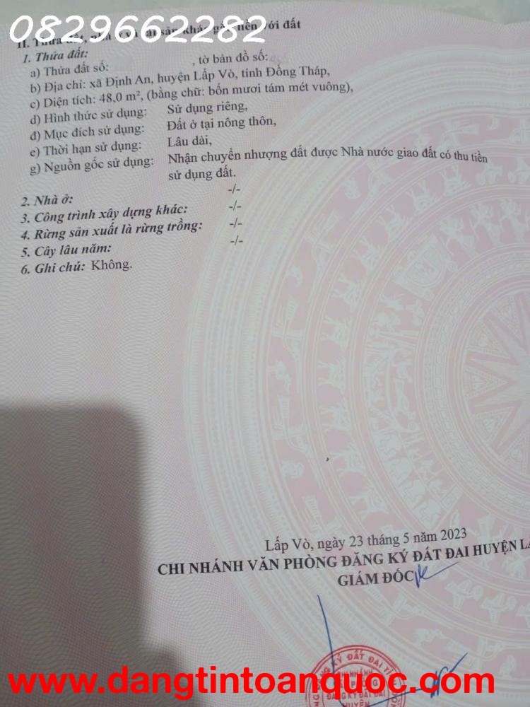 Bán đất thổ cư Định An,Lấp Vò ĐT. Mặt tiền Chợ Cái Dầu Bé. Sổ hồng 48m2, giá 550 triệu.