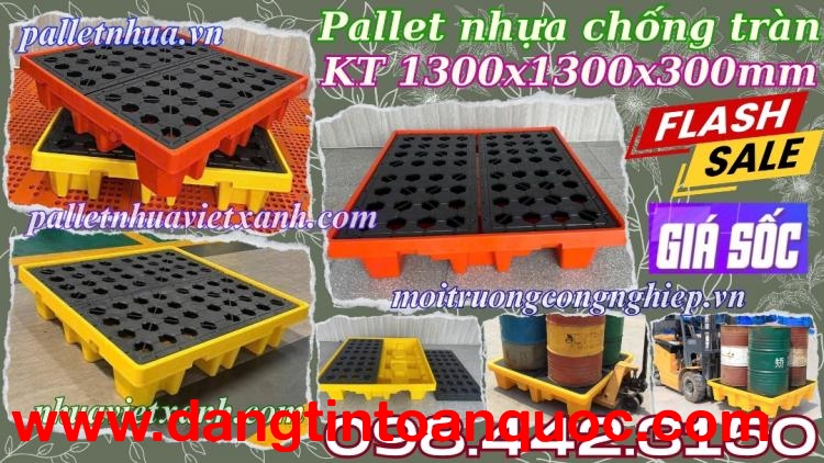 Pallet nhựa chống tràn BVMT 4 phuy KT 1300x1300x300mm