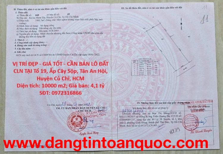 VỊ TRÍ ĐẸP - GIÁ TỐT - CẦN BÁN LÔ ĐẤT CLN TẠI Tổ 19, Ấp Cây Sộp, Tân An Hội, Huyện Củ Chi, HCM