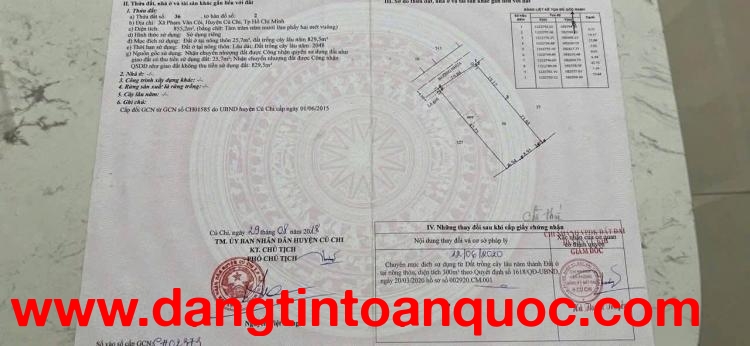 Bán đất xã phạm văn cội .củ chi, diện tích 855m2