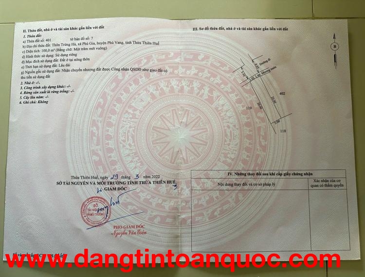 Bán đất tại Phú Gia, Xã Phú Vang, Thành Phố Huế DT: 100 m2 SHR: 620tr. LH: 0906529275