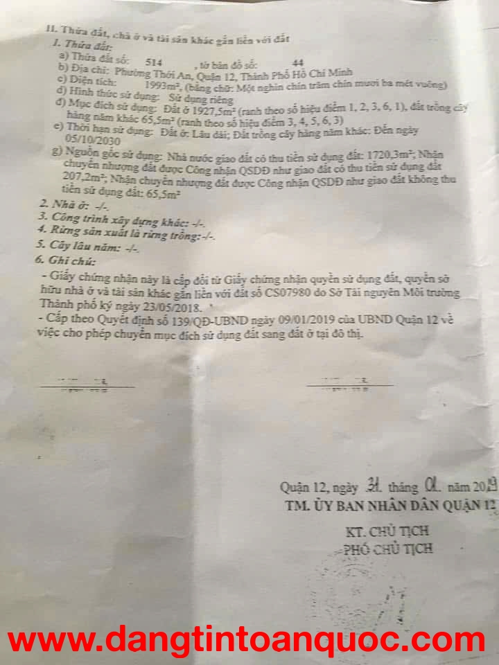 BÁN ĐẤT 2.000M² FULL THỔ CƯ MẶT TIỀN THỚI AN 17A, QUẬN 12 GIÁ ĐẦU TƯ