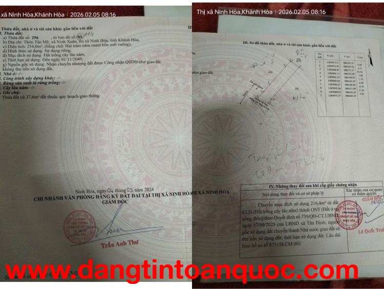 ĐẤT CHÍNH CHỦ - MẶT TIỀN Thôn Tân Mỹ, Xã Ninh Xuân, TX Ninh Hoà, Tỉnh Khánh Hoà