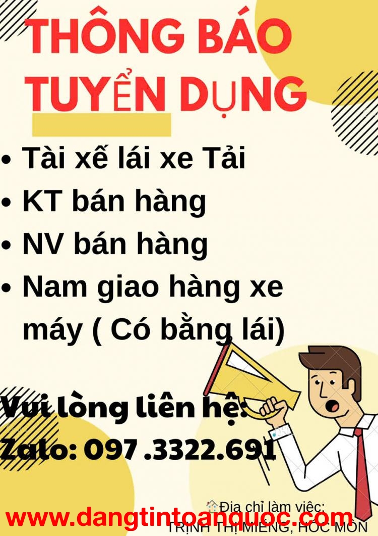 THÔNG BÁO TUYỂN DỤNG - TÀI XẾ LÁI XE TẢI - HUYỆN HÓC MÔN, TP HCM