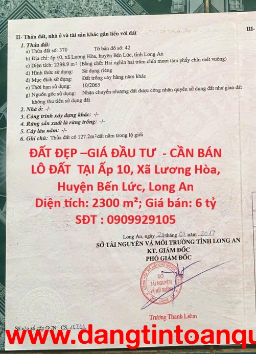 ĐẤT ĐẸP –GIÁ ĐẦU TƯ  - CẦN BÁN LÔ ĐẤT  TẠI Ấp 10, Xã Lương Hòa, Huyện Bến Lức, Long An