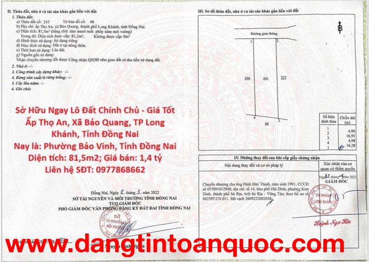 Sở Hữu Ngay Lô Đất Chính Chủ - Giá Tốt Ấp Thọ An, Xã Bảo Quang, TP Long Khánh, Tỉnh Đồng Nai