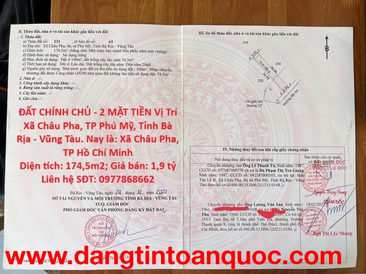 ĐẤT CHÍNH CHỦ - 2 MẶT TIỀN Vị Trí Xã Châu Pha, TP Phú Mỹ, Tỉnh Bà Rịa - Vũng Tàu