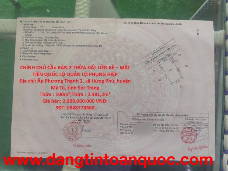 CHÍNH CHỦ CẦn BÁN 2 THỬA ĐẤT LIỀN KỀ – MẶT TIỀN QUỐC LỘ QUẢN LỘ PHỤNG HIỆP