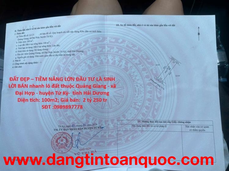 ĐẤT ĐẸP – TIỀM NĂNG LỚN ĐẦU TƯ LÀ SINH LỜI BÁN nhanh lô đất tại huyện Tứ Kỳ tỉnh Hải Dương