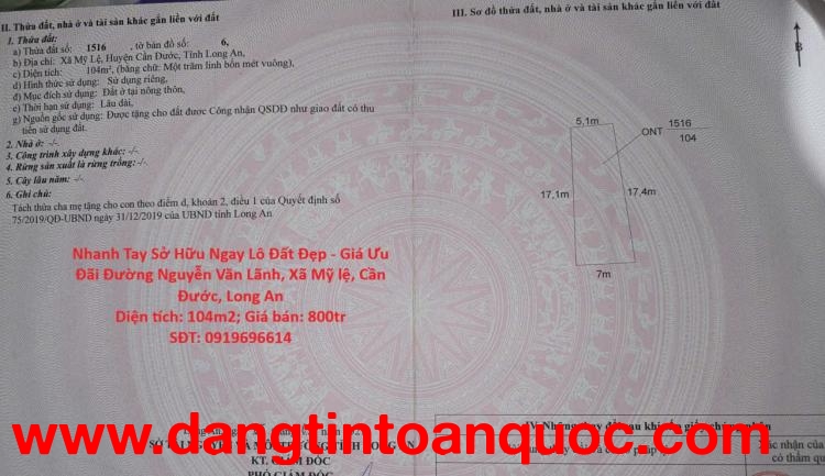 Nhanh Tay Sở Hữu Ngay Lô Đất Đẹp - Giá Ưu Đãi Đường Nguyễn Văn Lãnh, Xã Mỹ lệ, Cần Đước, Long An