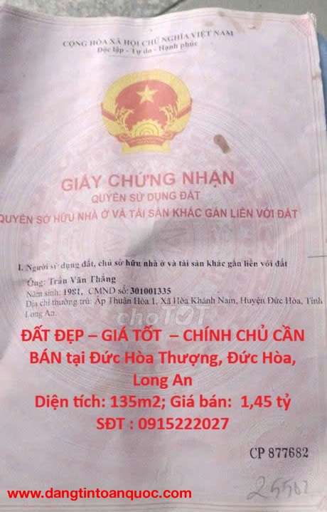 ĐẤT ĐẸP – GIÁ TỐT  – CHÍNH CHỦ CẦN BÁN tại Đức Hòa Thượng, Đức Hòa, Long An