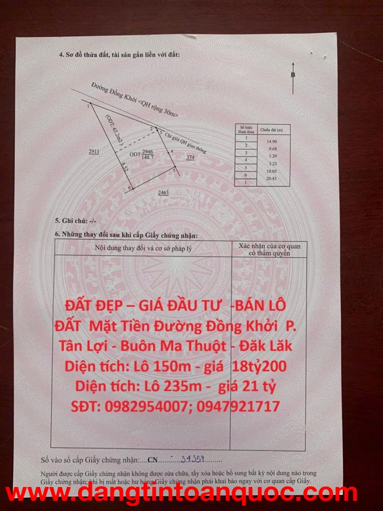 ĐẤT ĐẸP – GIÁ ĐẦU TƯ  -BÁN LÔ ĐẤT  Mặt Tiền Đường Đồng Khởi  P. Tân Lợi - Buôn Ma Thuột - Đăk Lăk