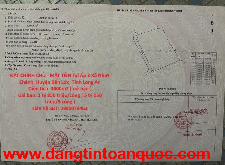 ĐẤT CHÍNH CHỦ - MẶT TIỀN Tại Ấp 3 Xã Nhựt Chánh, Huyện Bến Lức, Tỉnh Long An