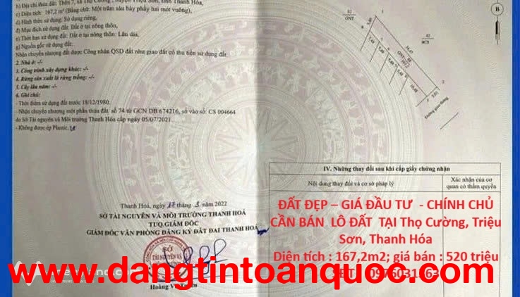 ĐẤT ĐẸP – GIÁ ĐẦU TƯ  - CHÍNH CHỦ CẦN BÁN  LÔ ĐẤT  TẠI Thọ Cường, Triệu Sơn, Thanh Hóa