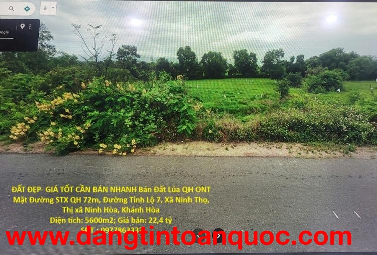 ĐẤT ĐẸP- GIÁ TỐT CẦN BÁN NHANH Bán Đất Lúa QH ONT mặt tiền đường STX QH72m Khánh Hòa