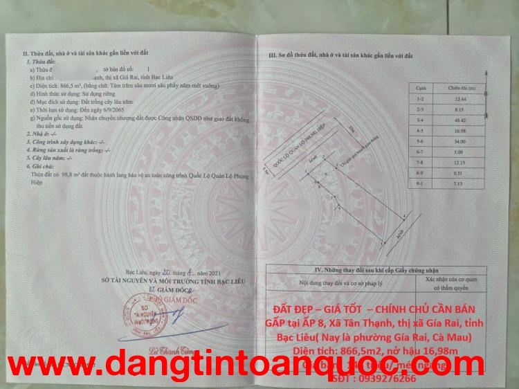 ĐẤT ĐẸP – GIÁ TỐT  – CHÍNH CHỦ CẦN BÁN GẤP tại  Xã Tân Thạnh, thị xã Gía Rai, tỉnh Bạc Liêu