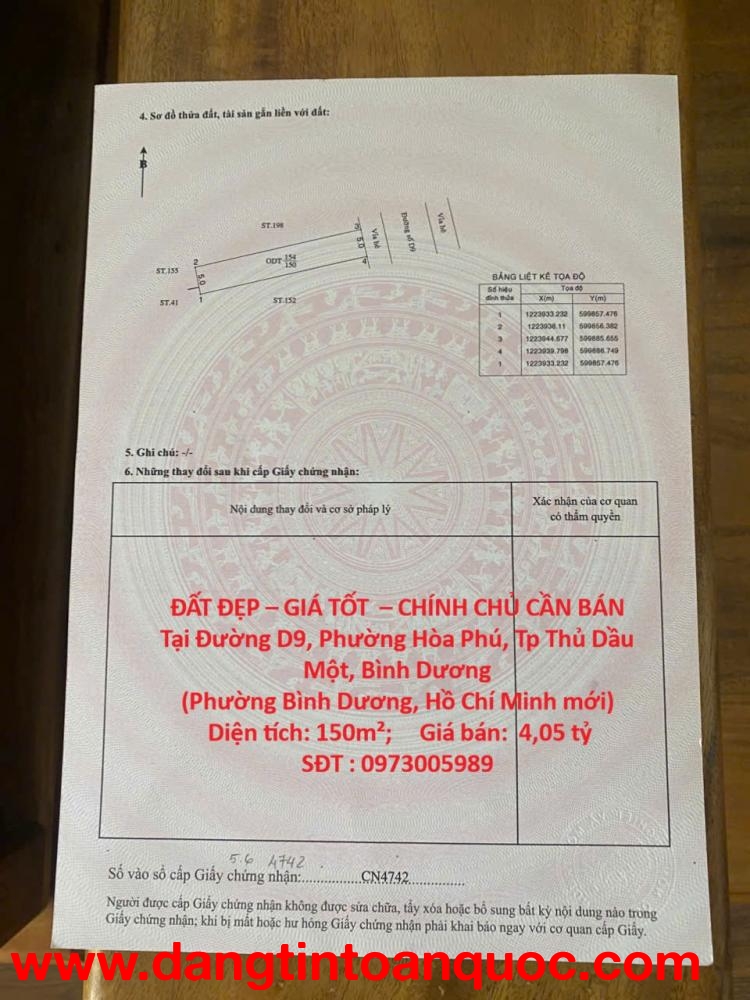 ĐẤT ĐẸP – GIÁ TỐT  – CHÍNH CHỦ CẦN BÁN Tại Đường D9, Phường Hòa Phú, Tp Thủ Dầu Một, Bình Dương