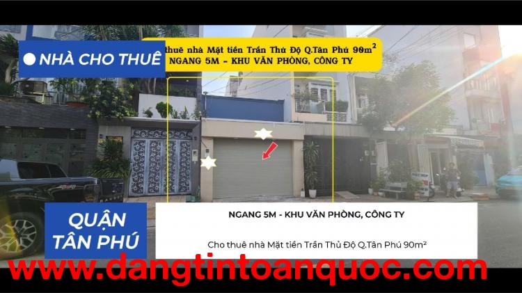 Cho thuê nhà Mặt tiền Trần Thủ Độ Q.Tân Phú 90m² - NGANG 5M - 15 Triệu