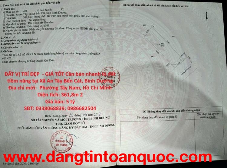 ĐẤT VỊ TRÍ ĐẸP  - GIÁ TỐT Cần bán nhanh lô đất tiềm năng tại Xã An Tây Bến Cát, Bình Dương