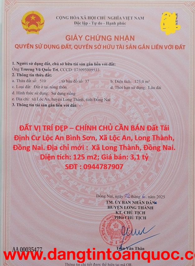 ĐẤT VỊ TRÍ ĐẸP – CHÍNH CHỦ CẦN BÁN Đất Tái Định Cư Lộc An Bình Sơn, Xã Lộc An, Long Thành, Đồng Nai.