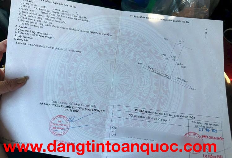 HOT HOT - CHÍNH CHỦ CẦN BÁN LÔ ĐẤT TẠI Xã Phước Lâm, Huyện Cần Giuộc, Tỉnh Long An.